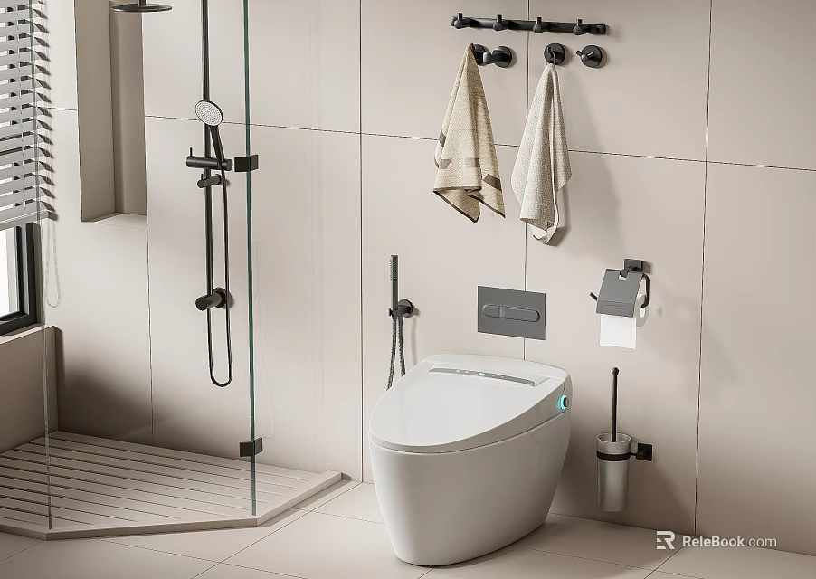 Modern Smart Toilet in Contemporary Bathroom with Towel Rack Toilet Paper Holder and Tiled Walls 3d model 