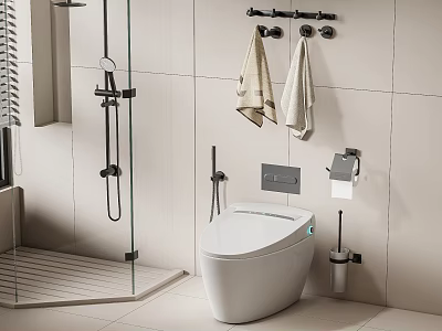 Modern Smart Toilet in Contemporary Bathroom with Towel Rack Toilet Paper Holder and Tiled Walls 3d model