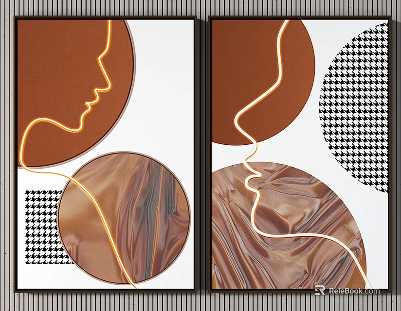 Two Panel Modern Art Paintings With Brown Marble Circles Geometric Lines And Checkered Patterns 3d model