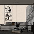 Modern Elegant Living Room Interior With Curved Sofa Armchair Coffee Table And Artwork Shelving