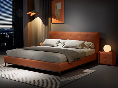 Modern Bedroom Double Bed With Brown Leather Headboard Gray Sheets And Round Lamp 3d model
