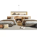 Two Single Beds Interior With Mountain Art Headboard Bedding And Pillows 3d model