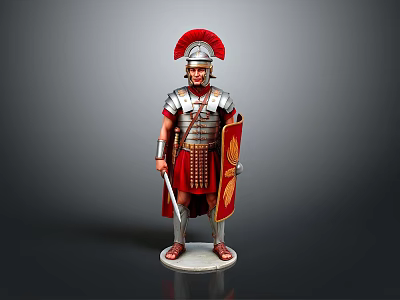 Roman Soldier Figurine With Detailed Armor Helmet Shield And Red Cape 3d model