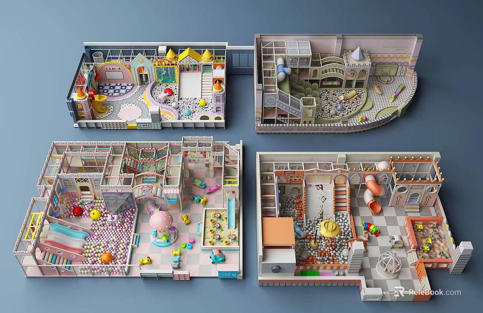 Colorful Indoor Playground Models With Slides Ball Pits Small Houses And Decorations 3d model 