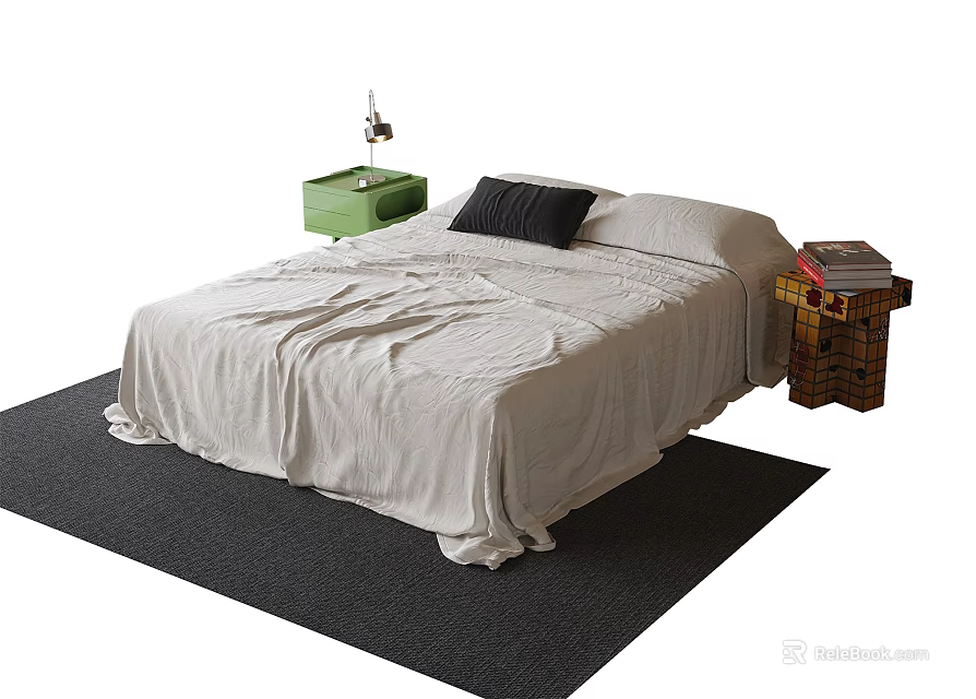 Double Bed with Light Colored Bedspread Black Pillow and Green Nightstand on Dark Carpet 3d model 