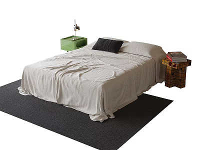 Double Bed with Light Colored Bedspread Black Pillow and Green Nightstand on Dark Carpet 3d model