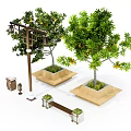 Landscape Bench With Green Trees Square Planters And Lamp Posts 3d model