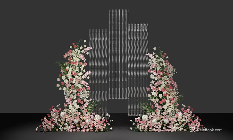 Wedding Stage Decorated With Pink And White Flowers And Transparent Grid Backdrop 3d model 