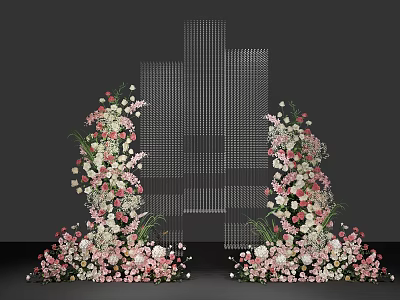 Wedding Stage Decorated With Pink And White Flowers And Transparent Grid Backdrop 3d model