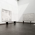 Spacious White Gallery Interior Featuring Large Black White Abstract Paintings Wooden Benches Dark Stone Floor