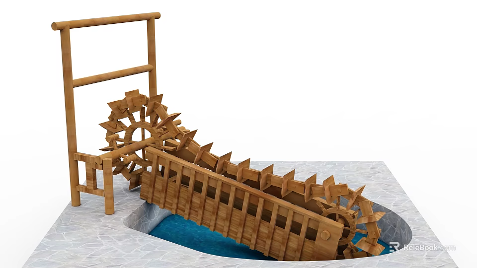 Wooden Waterwheel Garden Ornament With Blue Water Pool And Wooden Frame 3d model 