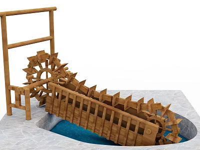 Wooden Waterwheel Garden Ornament With Blue Water Pool And Wooden Frame 3d model