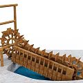 Wooden Waterwheel Garden Ornament With Blue Water Pool And Wooden Frame
