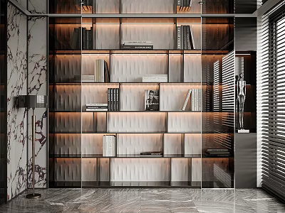Modern Built In Glass Door Bookshelf With LED Lighting Books And Decorative Items 3d model
