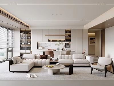 Modern Living and Dining Room With White Sofa Dining Table Floor to Ceiling Windows 3d model