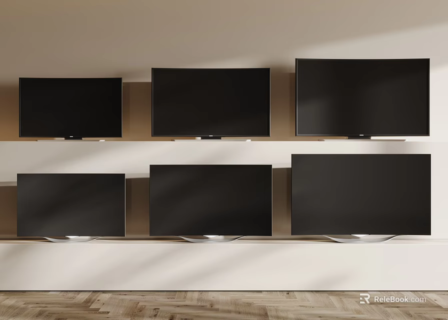 Six Flat Screen Televisions Displayed on Wall Shelves in Modern Interior Setting 3d model 
