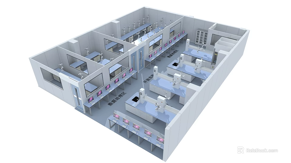 Modern White 3D Laboratory Interior With Multiple Workstations And Equipment Layout 3d model
