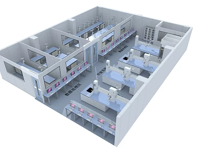 Modern White 3D Laboratory Interior With Multiple Workstations And Equipment Layout 3d model