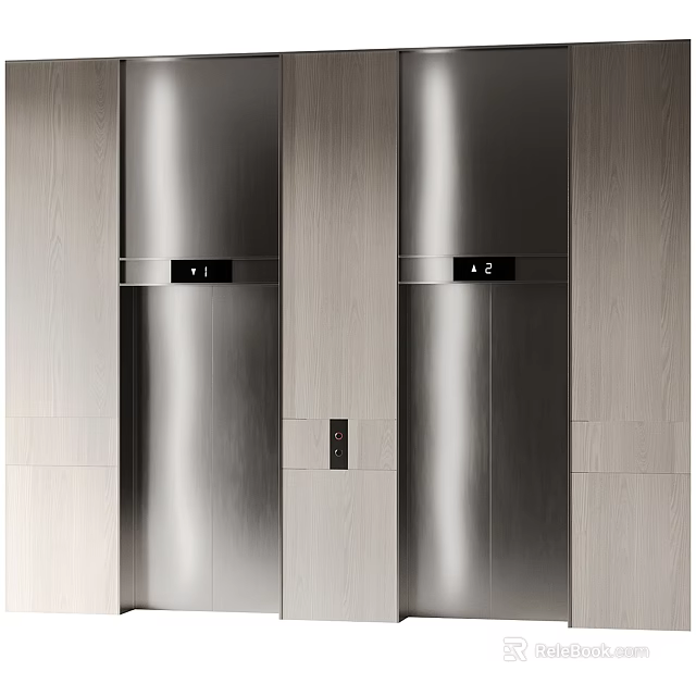 Modern Elevators With Sleek Silver Exterior And Wooden Wall Panels 3d model