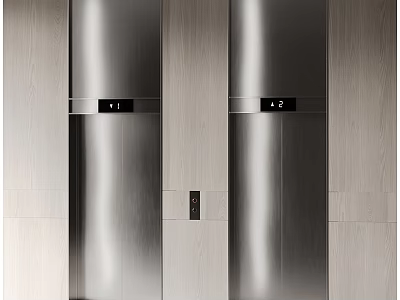Modern Elevators With Sleek Silver Exterior And Wooden Wall Panels 3d model