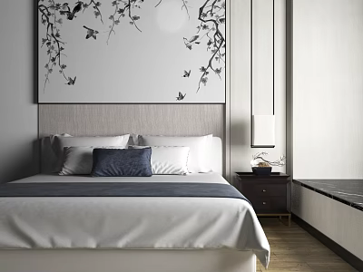 Modern Bedroom Interior With Elegant Headboard Decorative Painting Pillows And Nightstand Lamp 3d model