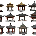 Traditional Chinese Garden Pavilions With Ornate Roofs Red Pillars And Lanterns