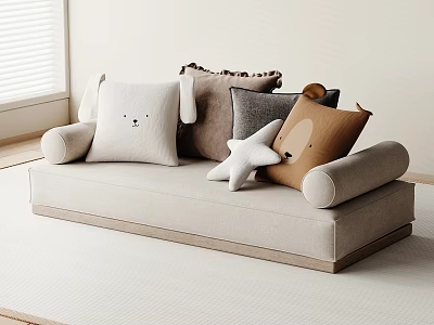 Minimalist Beige Sofa Interior With Cute Stuffed Toys And Decorative Pillows 3d model
