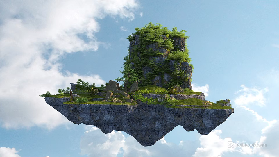 Floating Rockery Stone Covered With Lush Green Vegetation Against Blue Sky And White Clouds 3d model 