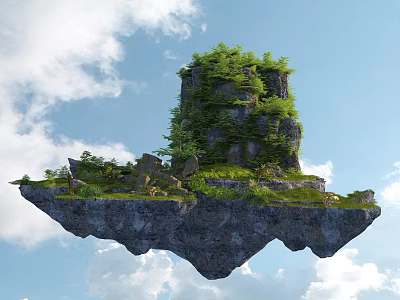 Floating Rockery Stone Covered With Lush Green Vegetation Against Blue Sky And White Clouds 3d model