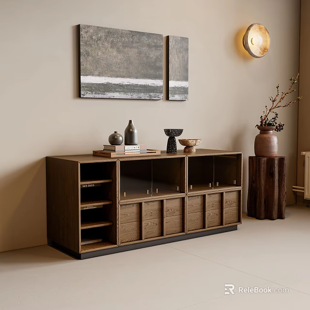 Wooden Console Cabinet With Storage Shelves Drawers And Decorative Artwork In Entryway 3d model 