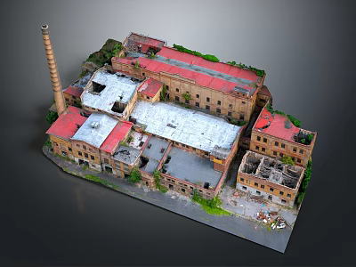 Old Industrial Factory Buildings With Red Gray Roofs Chimney And Green Plants 3d model