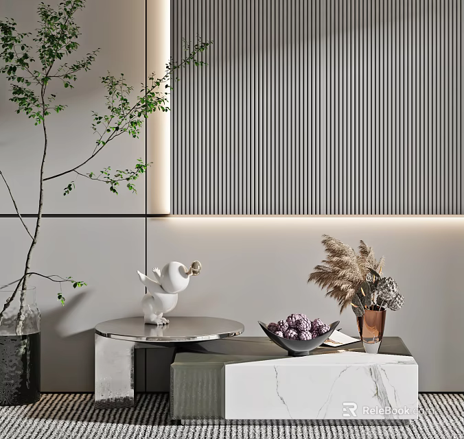 Modern Coffee Table with Marble Top Green Plant Bird Figurine and Dried Pampas Striped Wall 3d model 