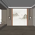 New Chinese Style Bedroom Background Wall With Landscape Murals And Wall Lamps