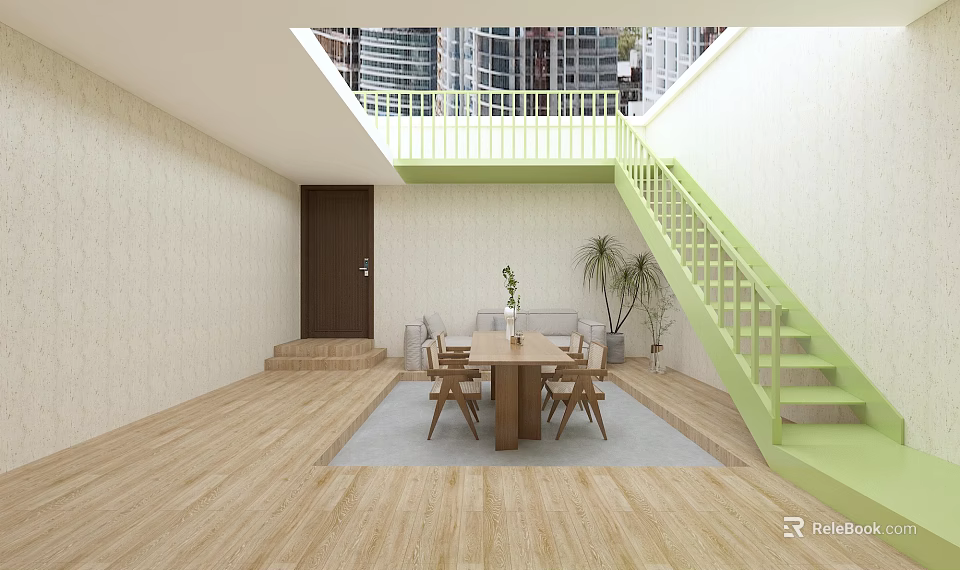 Villa Balcony Space With Green Staircase Wooden Flooring Dining Table Chairs And Plants 3d model 