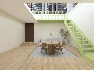 Villa Balcony Space With Green Staircase Wooden Flooring Dining Table Chairs And Plants 3d model