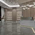 Modern Hotel Lobby Interior With Marble Reception Desk Decorative Ceiling Green Plants And Wall Art