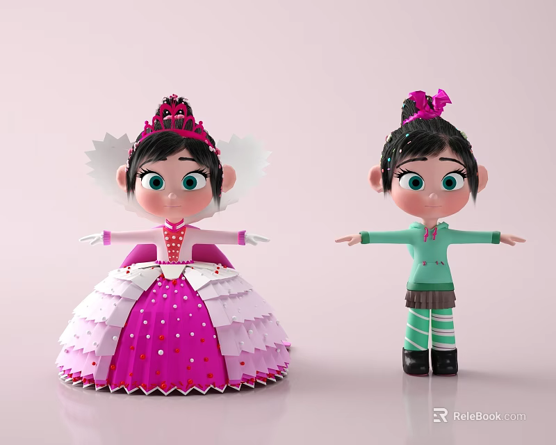 Game Movie Characters In Pink Ruffled Dress With Crown And Green Striped Outfit With Bow 3d model 
