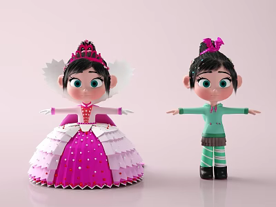 Game Movie Characters In Pink Ruffled Dress With Crown And Green Striped Outfit With Bow 3d model
