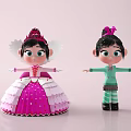 Game Movie Characters In Pink Ruffled Dress With Crown And Green Striped Outfit With Bow