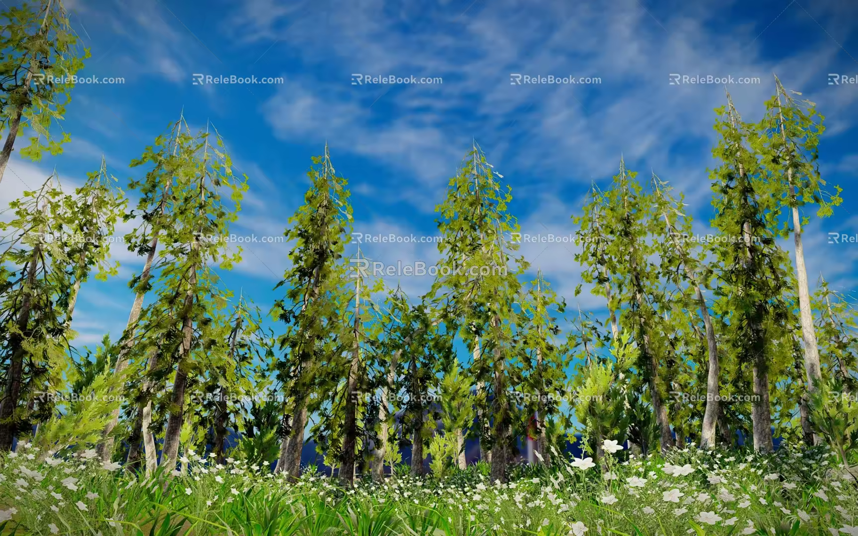Pine Forest Plant Trees Pine Tree Flowers Forest Scene 3d model