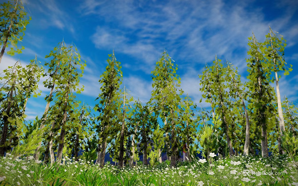 Arbors In Lush Foliage Under Blue Sky With Green Grass And White Flowers 3d model 