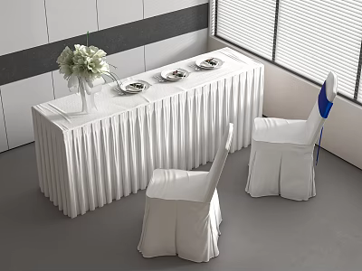 White Long Dining Table Set With Tablecloth Chairs Dinnerware And Flower Vase 3d model