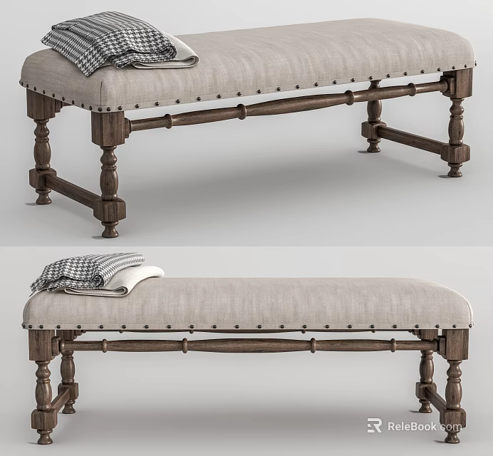 Stylish Upholstered Ottoman Bench With Linen Fabric Wooden Turned Legs And Decorative Nail Trim 3d model 