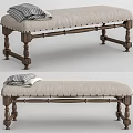 Stylish Upholstered Ottoman Bench With Linen Fabric Wooden Turned Legs And Decorative Nail Trim