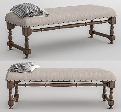 Stylish Upholstered Ottoman Bench With Linen Fabric Wooden Turned Legs And Decorative Nail Trim 3d model