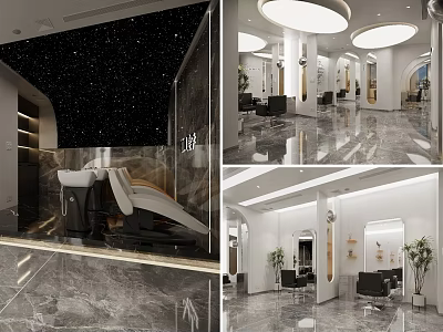 Modern Beauty Hair Salon Interior With Marble Floors Barber Chairs Mirrors And Lighting 3d model