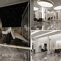 Modern Beauty Hair Salon Interior With Marble Floors Barber Chairs Mirrors And Lighting