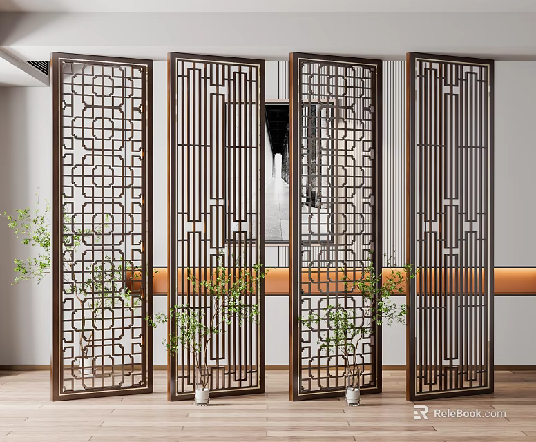 Modern Wooden Room Divider With Geometric Hollow Design For Interior Space Separation 3d model 