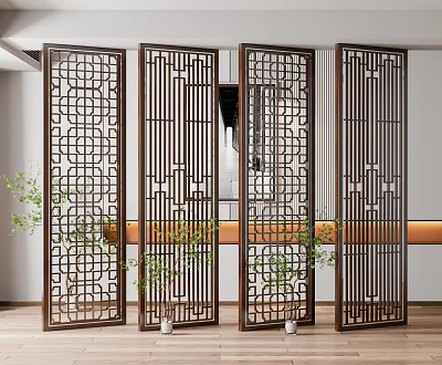 Modern Wooden Room Divider With Geometric Hollow Design For Interior Space Separation 3d model