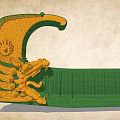 Green And Yellow Architectural Component With Ornate Curved Ends And Intricate Patterns